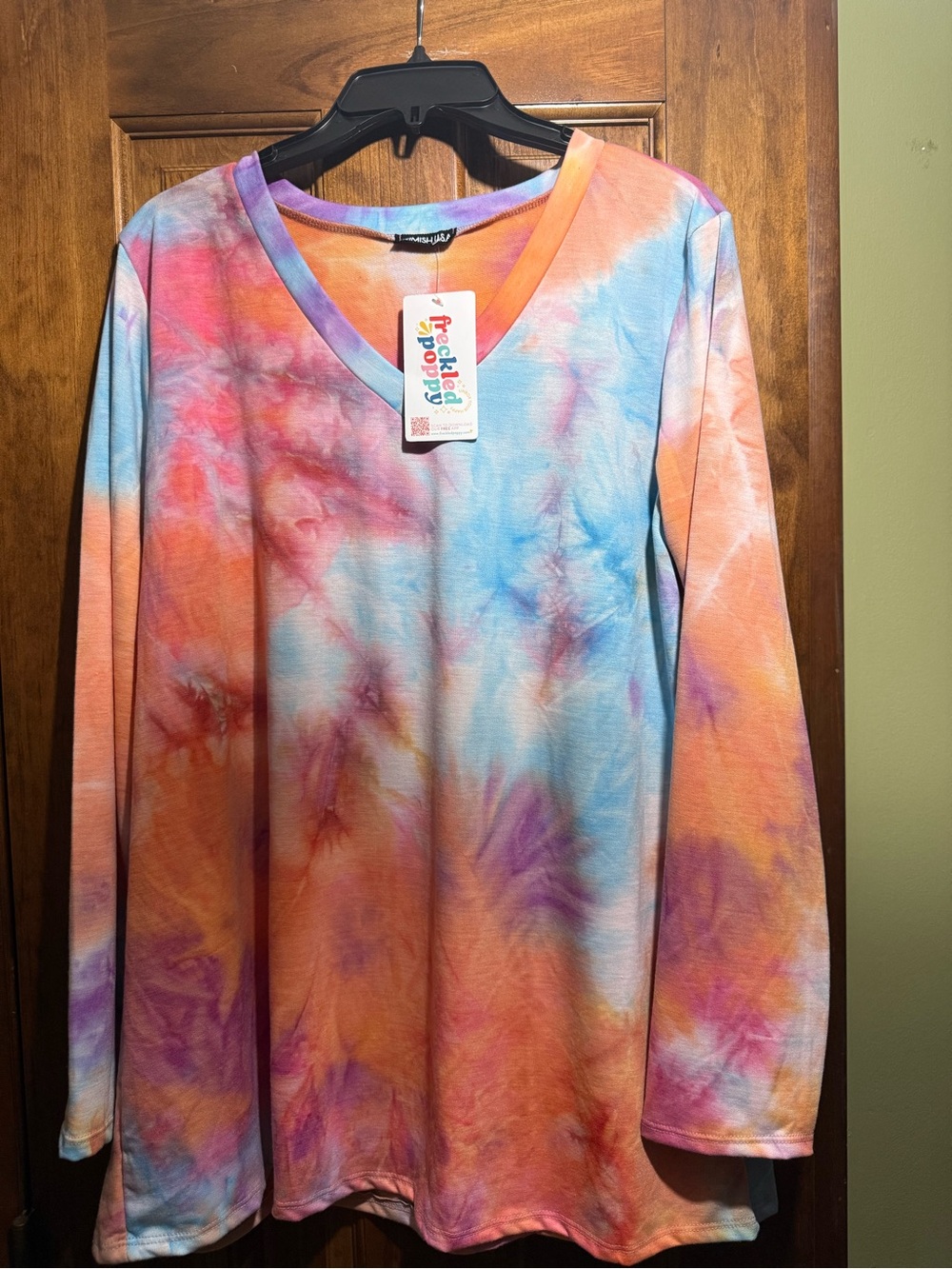 HEIMISH USA women’s Long Sleeve V-Neck Tie-Dye Top - Orange, Blue, Purple
